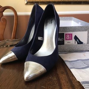 Blue Suede Metallic Pointed Pumps